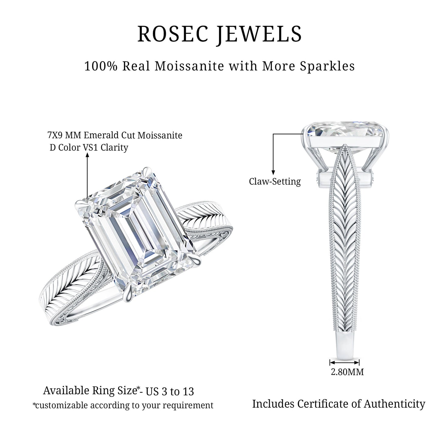 Ethically Sourced 3 Carat Lab Grown Diamond Emerald Cut Engagement Ring IGI Certified