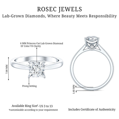 Solitaire 1 Carat Princess Cut Lab Grown Diamond Engagement Ring with IGI Certificate