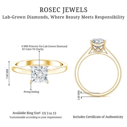 Solitaire 1 Carat Princess Cut Lab Grown Diamond Engagement Ring with IGI Certificate