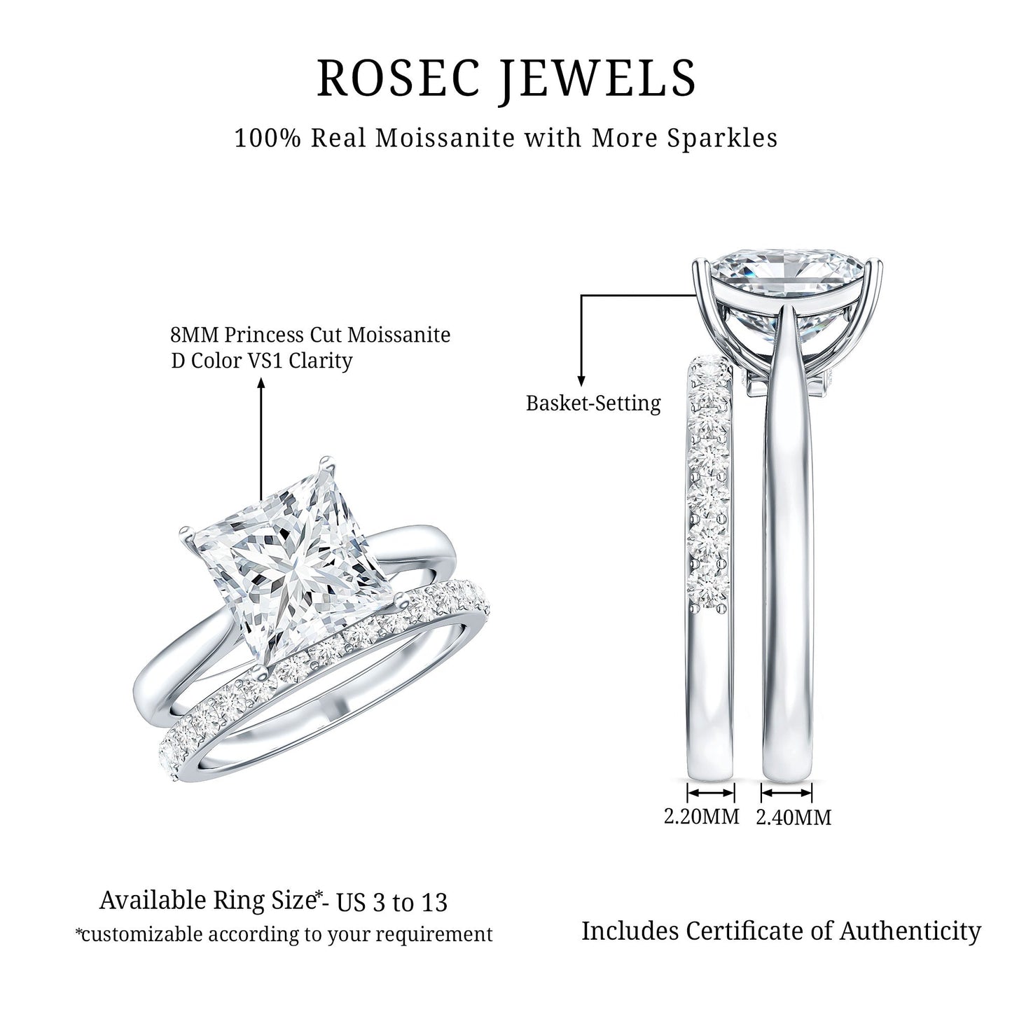 IGI Certified 2 Carat Lab Grown Diamond Princess Cut Engagement Ring With Wedding Band