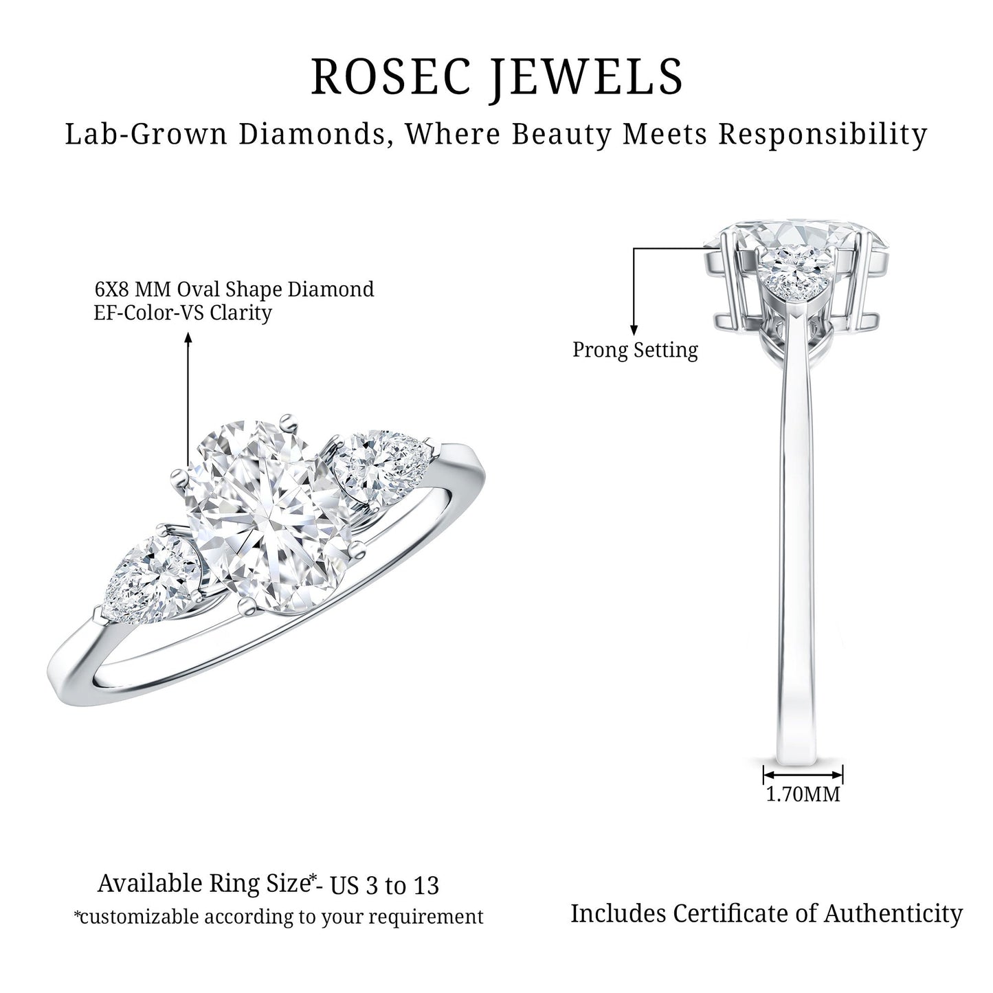 1 Carat Lab Grown Diamond Three Stone Engagement Ring with IGI Certificate